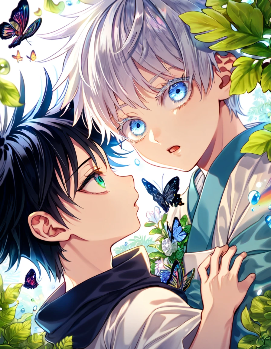 Ultra detailed, HDR, Highres, absurdres, master piece, Gojou Satoru as a kid, white hair with bangs, expressive blue eyes, white eyelashes, Fushiguro Megumi as a kid, black hair, expressive green eyes, white haori, light blue kimono, Jujutsu Kaisen, flowers, butterflies, fantasy, magical, green leaves, summer, two little kids together, gay couple, yaoi, cute