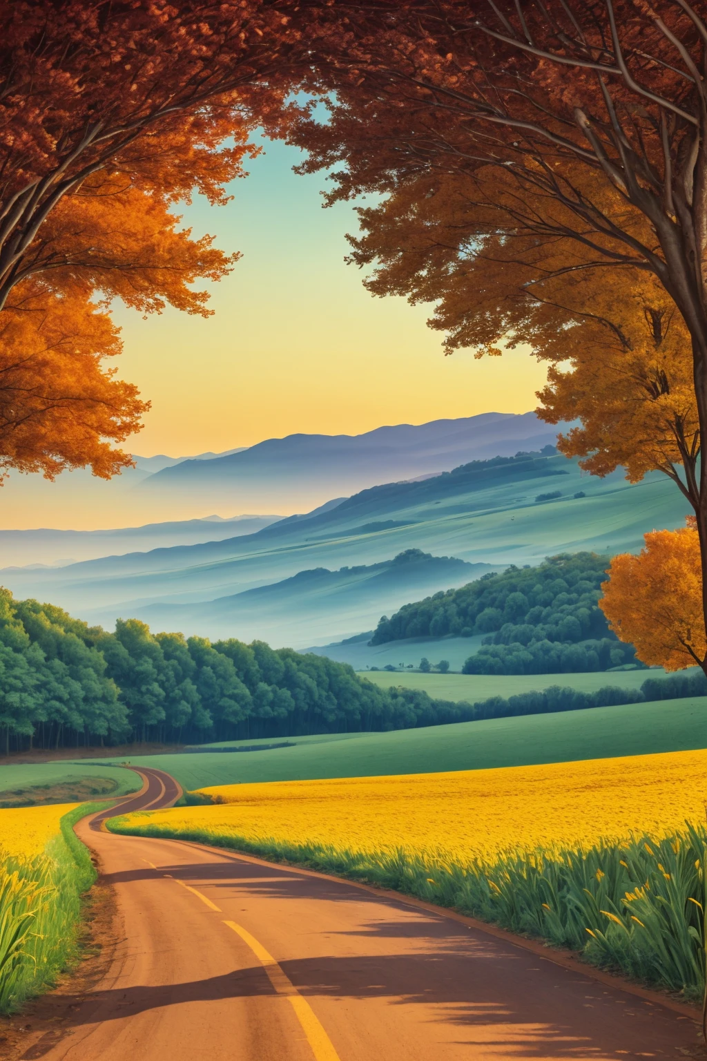 A countryside landscape, oil painting style street art:1.5, dirt road, bushes along the side of the road, tree, flowers, horizon with a beautiful sunset, highly detailed, cinematic lighting, photorealistic, vibrant colors, painterly, dramatic shadows, natural textures, atmospheric, rich palette