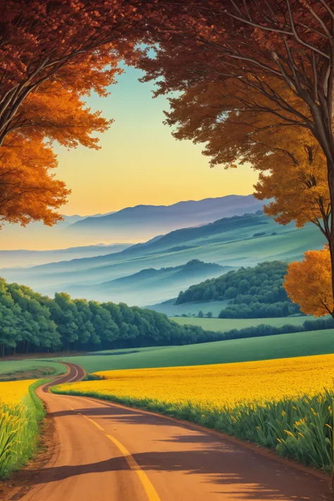 a countryside landscape, oil painting style street art:1.5, dirt road, bushes along the side of the road, tree, flowers, horizon...