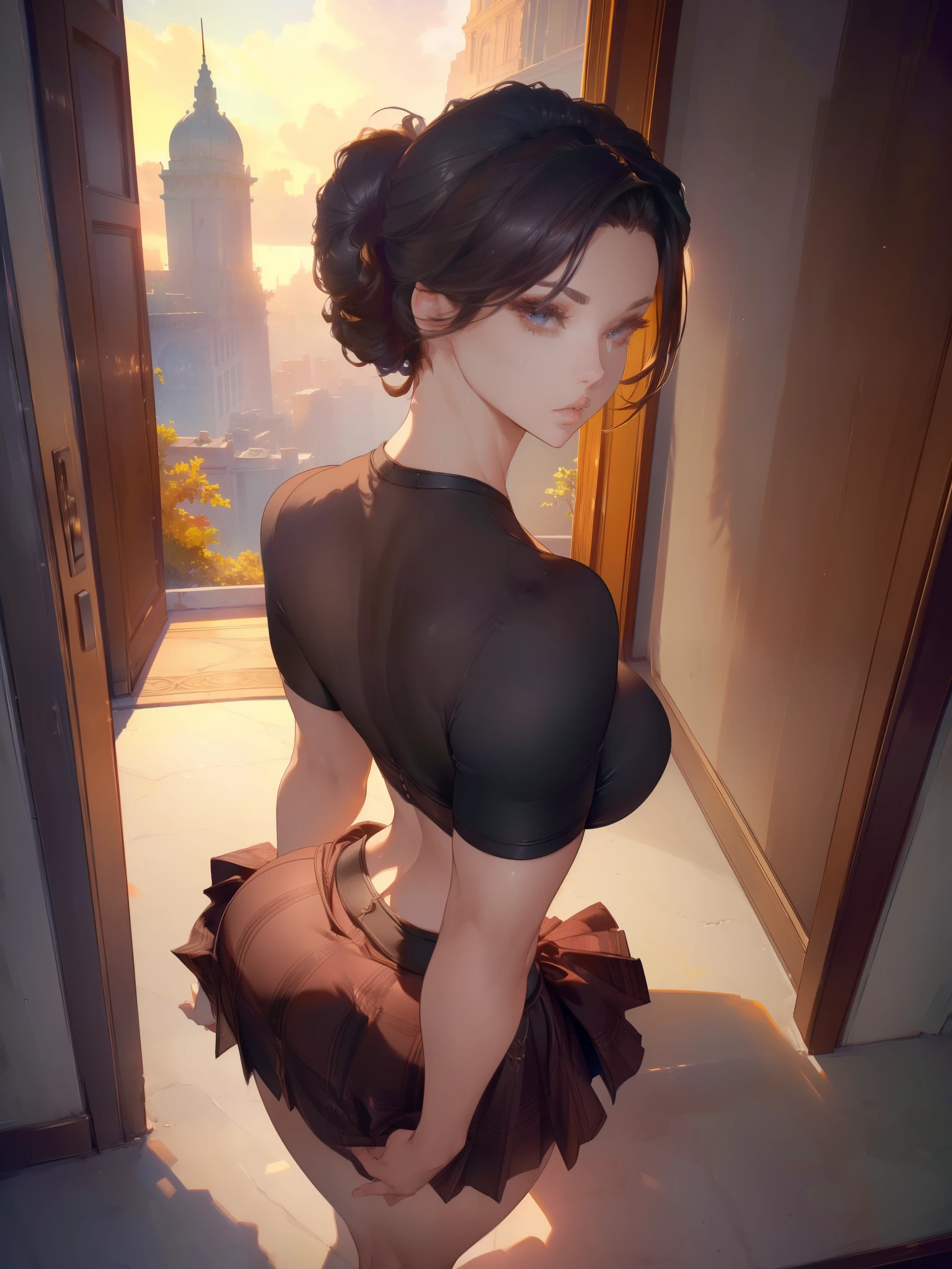 a woman in an extremely short skirt, lifting her skirt and showing her butt, facing away, seen from above, looking at the viewer, the viewer is tall, detailed portrait, extremely detailed eyes and face, long eyelashes, beautiful skin, beautiful detailed lips, elegant hairstyle, sensual expression, (best quality,4k,8k,highres,masterpiece:1.2),ultra-detailed,(realistic,photorealistic,photo-realistic:1.37),high quality 3D render,cinematic lighting,dramatic shadows,warm color tones,rich textures