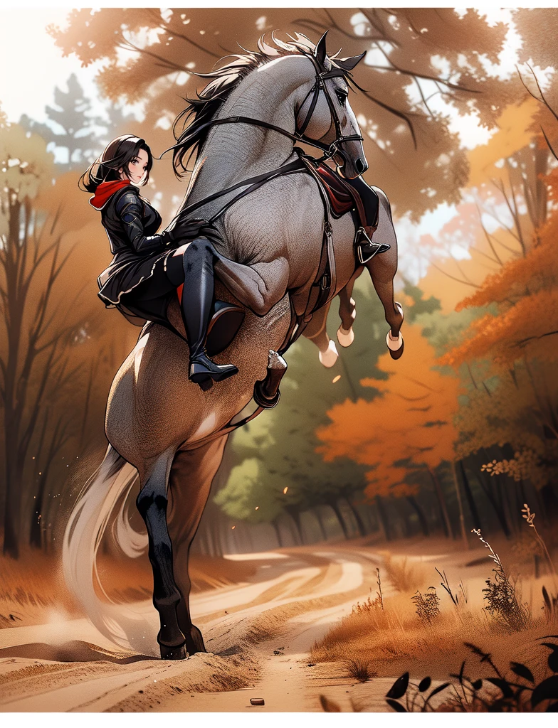 ((best quality)), ((anime masterpiece)), (high detailed), 8k, cinematic lighting, realistic, HDR, vivid color, anime, 20 years old woman riding a WHITE HORSE, {black hair}, red eyes, medium breast, cleavage, (white armor, black glove, black miniskirt, bare legs, brown boots), river, (from side: 1.2), anatomically correct
