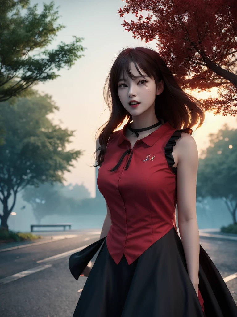 ((masterpiece, best quality, photorealism, RAW quality)), ((detailed, crimson sky)), 21 year old girl, vampire with wings, sharp fangs, arms at her sides, crimson red moon, soft breeze, open mouth , ((red and black shirt: 1.1), long dress with two-tone ruffles), ((suspended in the air between the treetops and moon in the background, fog)), RAW photo, realistic 3D, octane rendering, VRAY