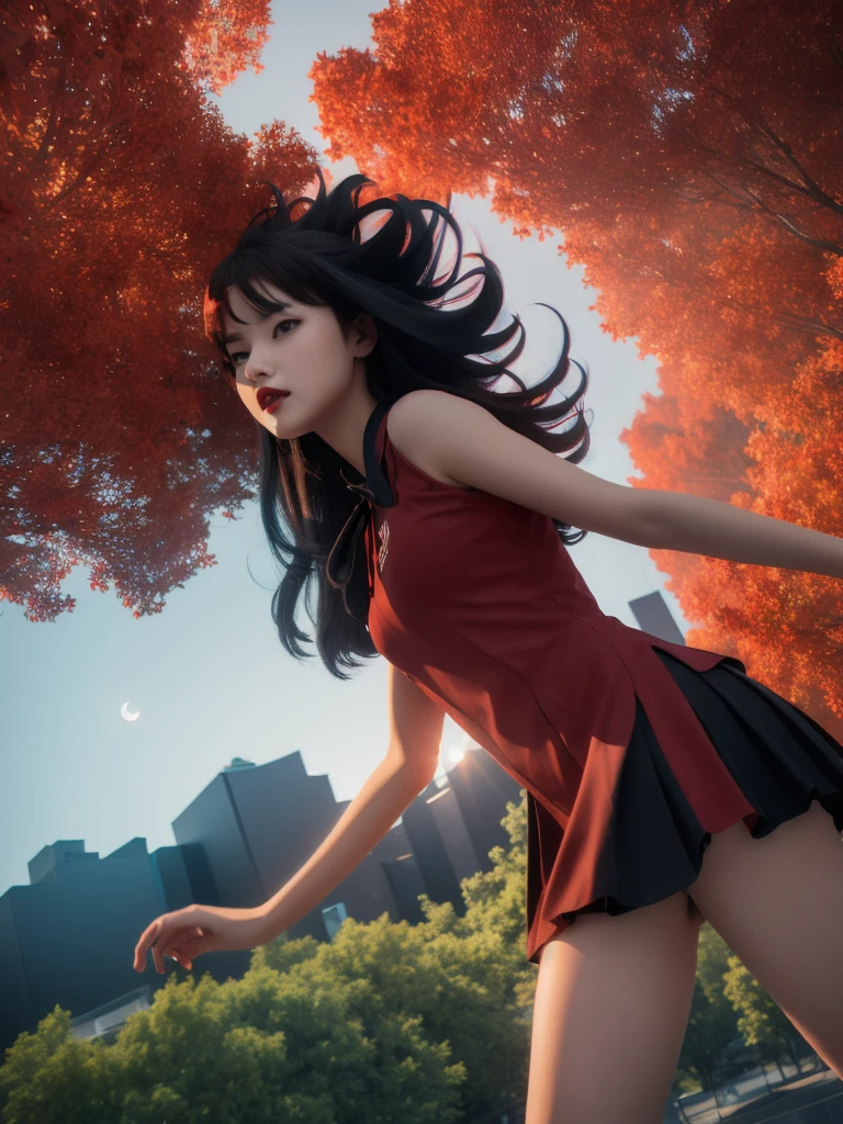 ((masterpiece, best quality, photorealism, RAW quality)), ((detailed, crimson sky)), 21 year old girl, vampire with wings, sharp fangs, arms at her sides, crimson red moon, soft breeze, open mouth , ((red and black shirt: 1.1), long dress with two-tone ruffles), ((suspended in the air between the treetops and moon in the background, fog)), RAW photo, realistic 3D, octane rendering, VRAY