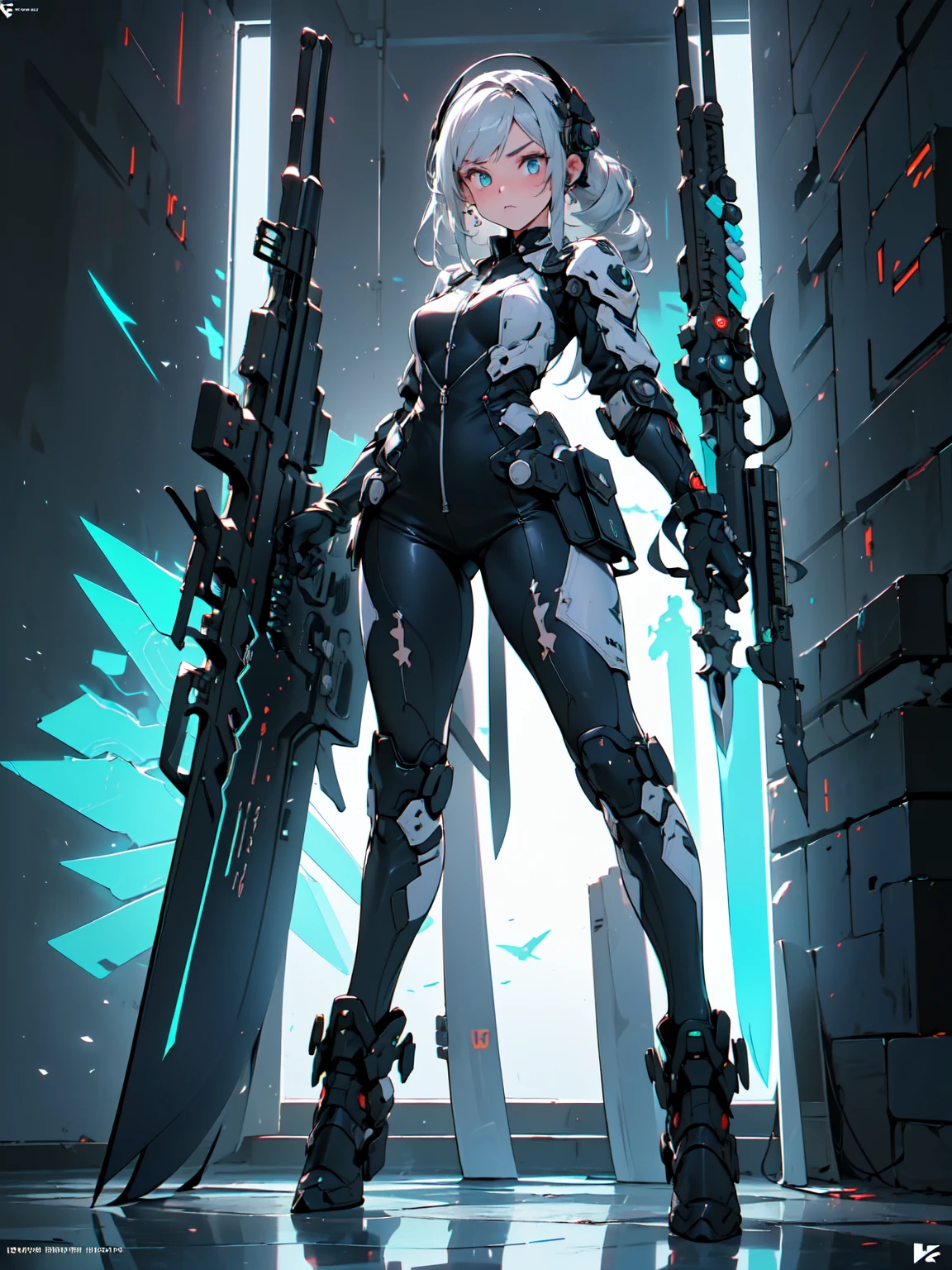 Design a layout showcase Gaming character, (1girl). Black+Silver clothes, sleek and modern, ((showcase weapon:1.4)), laser gun, (masterpiece:1.2), (best quality), 4k, ultra-detailed, (Step by step design, layout art:1.5), (neon lighting, cyber ambiance), cyberpunk, ((tech gloves)), (((revealing jumpsuit:1.3))), tech armor, combat boots, (((full_body_shot:1.4)))
