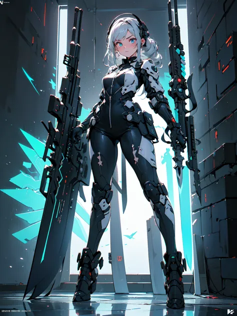 design a layout showcase gaming character, (1girl). black+silver clothes, sleek and modern, ((showcase weapon:1.4)), laser gun, ...