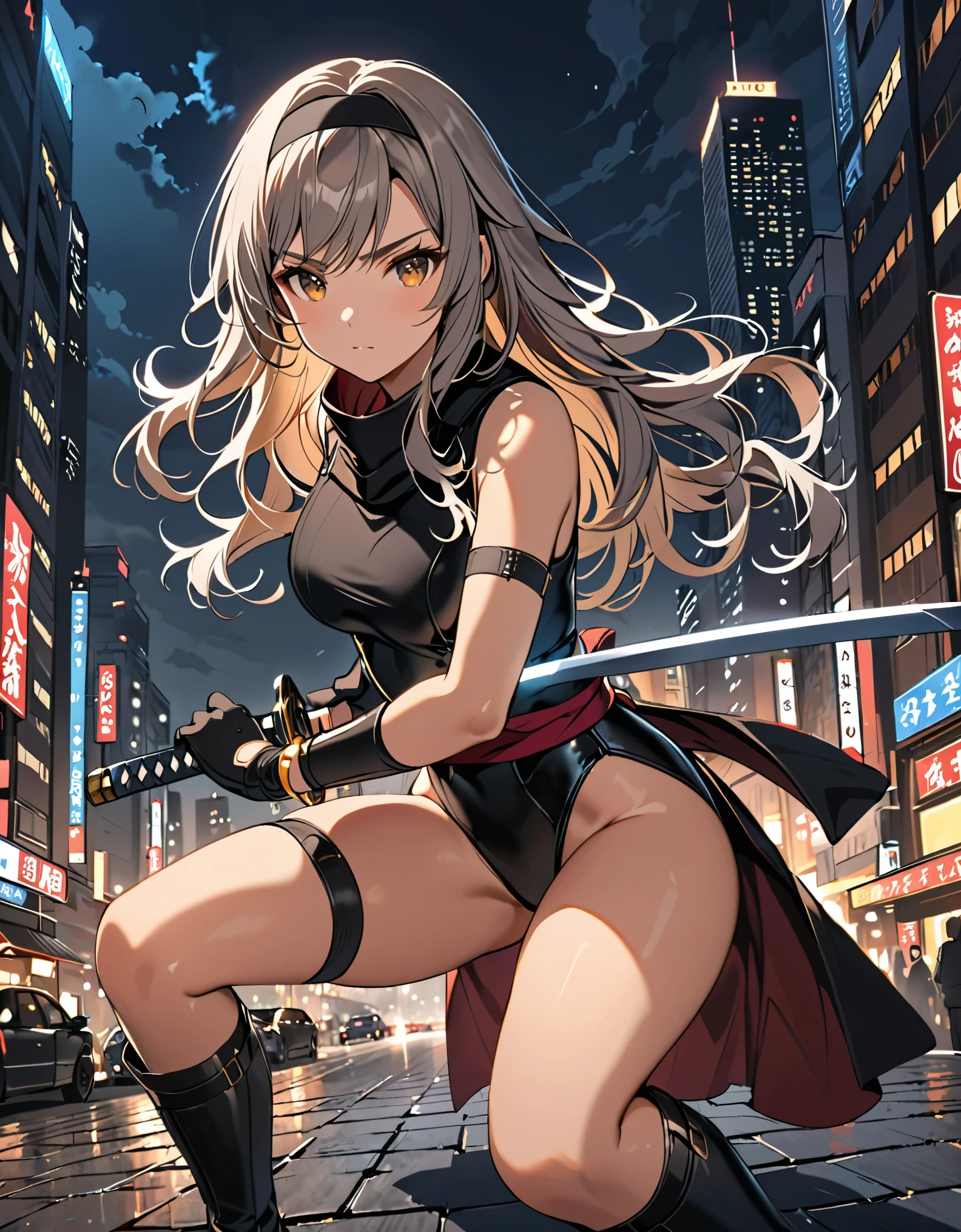 (masterpiece), (best quality), (hires), professional, 1girl, grey hair, shoulder length hair, wavy hair, black hairband, auburn eyes, beautiful detailed eyes, beautiful detailed face, cute face, stoic, professional, ninja, black leotard, black tactical gloves, bare legs, gold bracelets, black thigh-high boots, using katana blade, scabbard, cityscape, night, noir atmosphere.