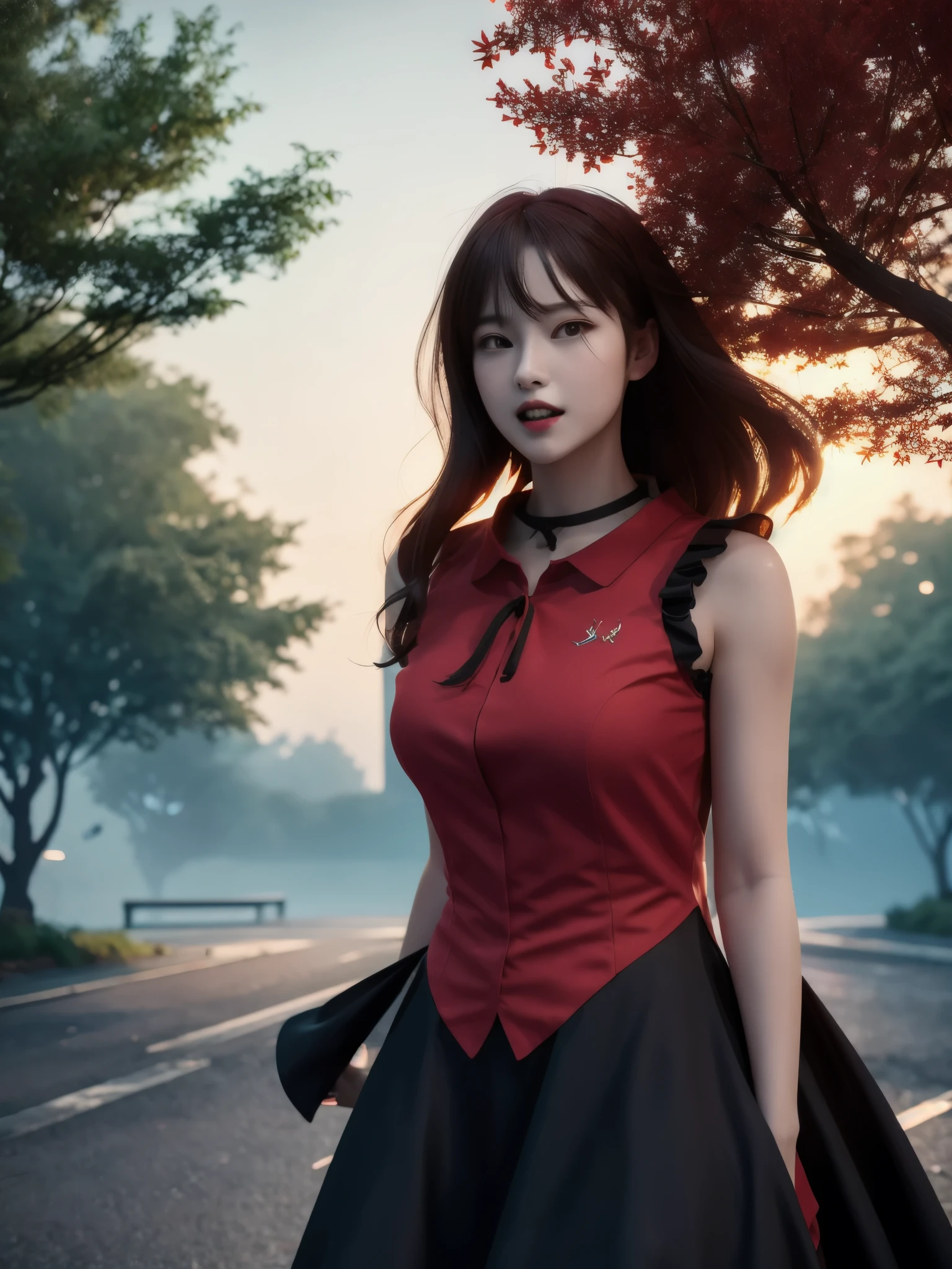 ((masterpiece, best quality, photorealism, RAW quality)), ((detailed, crimson sky)), 21 year old girl, vampire with wings, sharp fangs, arms at her sides, crimson red moon, soft breeze, open mouth , ((red and black shirt: 1.1), long dress with two-tone ruffles), ((suspended in the air between the treetops and moon in the background, fog)), RAW photo, realistic 3D, octane rendering, VRAY