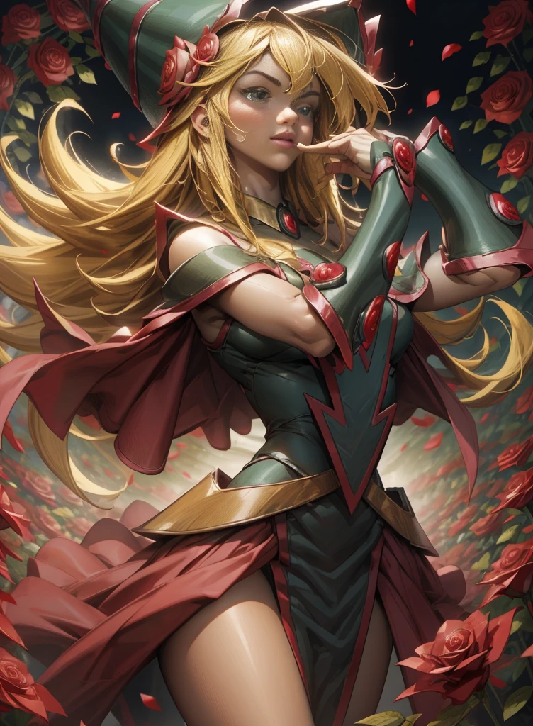 Beautiful dark magician gils. Young man with long blonde hair. green eyes. small lips. She is in a garden of red roses.. Red roses surround her. pose and innocent. red roses background.