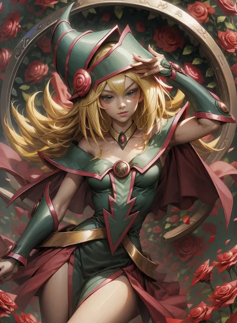 beautiful dark magician gils. young man with long blonde hair. green eyes. small lips. she is in a garden of red roses.. red ros...