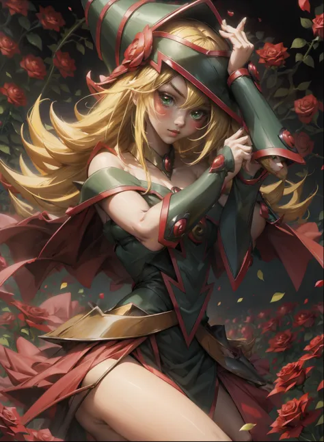 beautiful dark magician gils. young man with long blonde hair. green eyes. small lips. she is in a garden of red roses.. red ros...