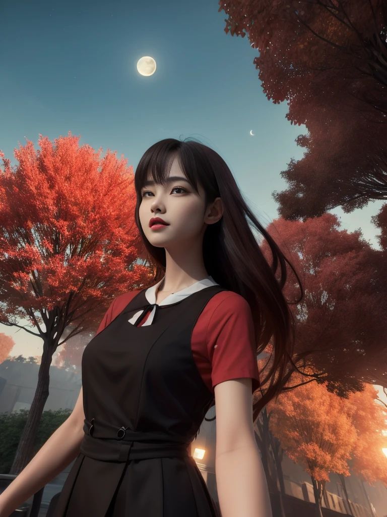 ((masterpiece, best quality, photorealism, RAW quality)), ((detailed, crimson sky)), 21 year old girl, vampire with wings, sharp fangs, arms at her sides, crimson red moon, soft breeze, open mouth , ((red and black shirt: 1.1), long dress with two-tone ruffles), ((suspended in the air between the treetops and moon in the background, fog)), RAW photo, realistic 3D, octane rendering, VRAY