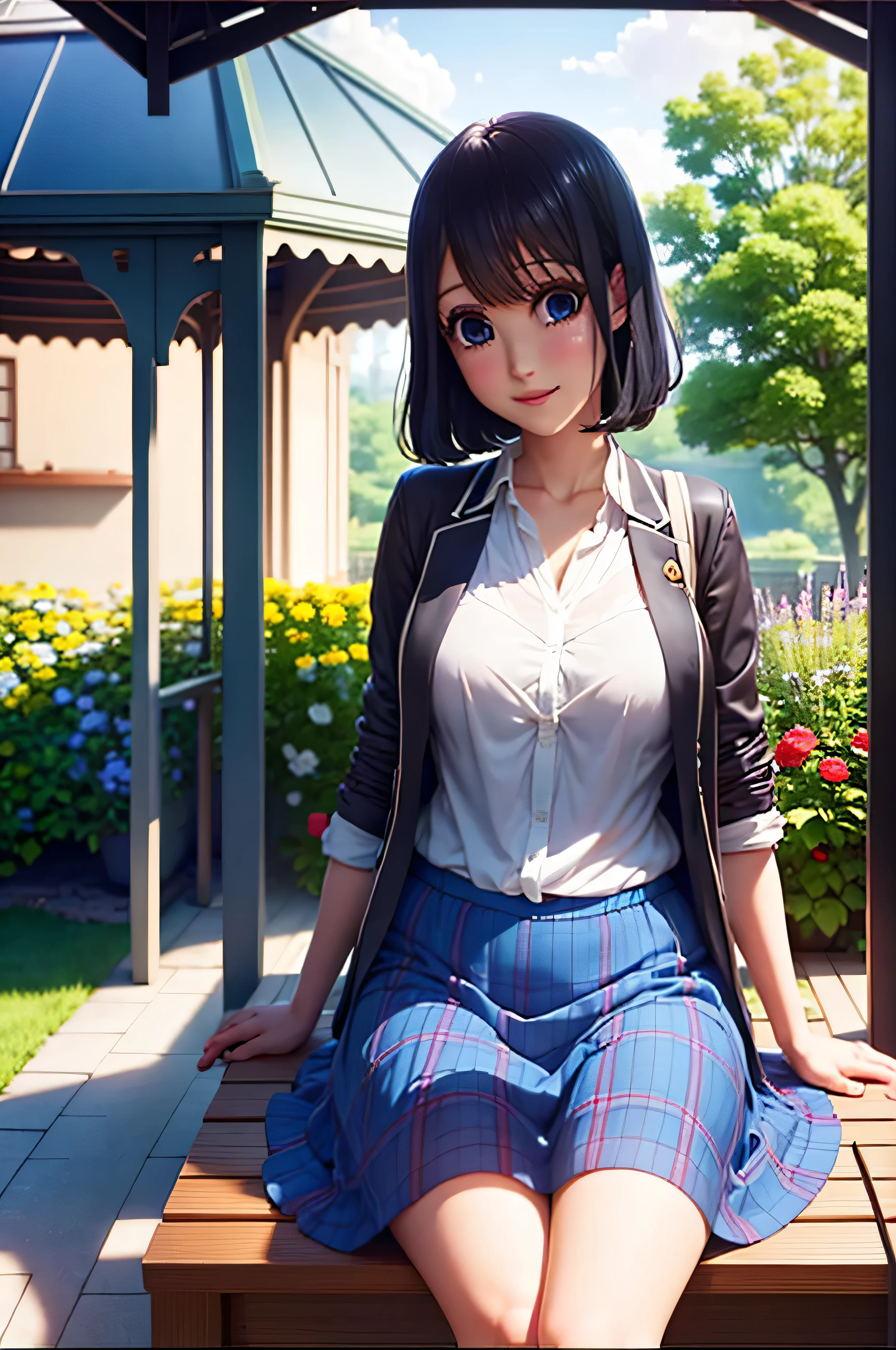 Misaki_Takasaki, 1fille, cheveux noirs, yeux bleus, , vu de loin, souriant, assis sur un banc à l&#39;intérieur d&#39;un belvédère, regarder le spectateur, jardin plein de roses autour, mains posées sur les genoux, chef-d&#39;œuvre, Meilleure qualité, Réaliste, HDR