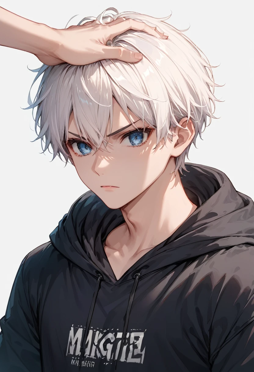 score_9, score_8_up, score_7_up,source_anime, high res image,masterpiece,best quality,anime boy,white hair,blue eyes,black hoodie,simple background,rage,