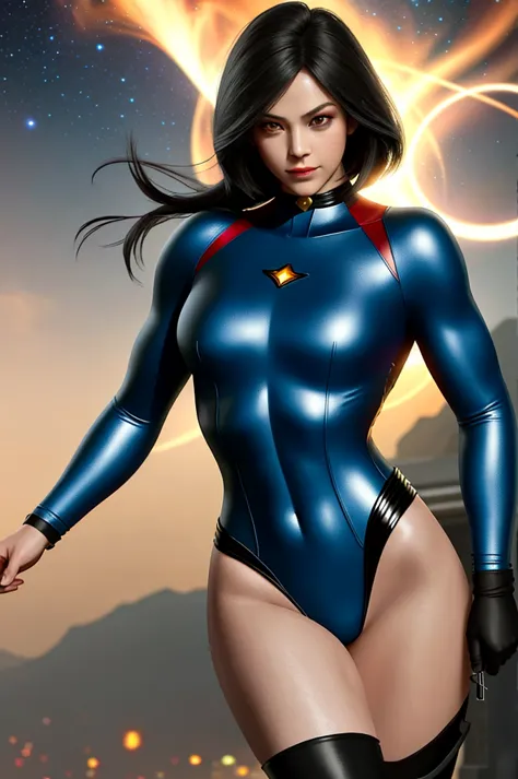 superman female version.
young woman dressed in tights, short bob style hair, blue eyes,
- entirely white and red fitted suit - ...