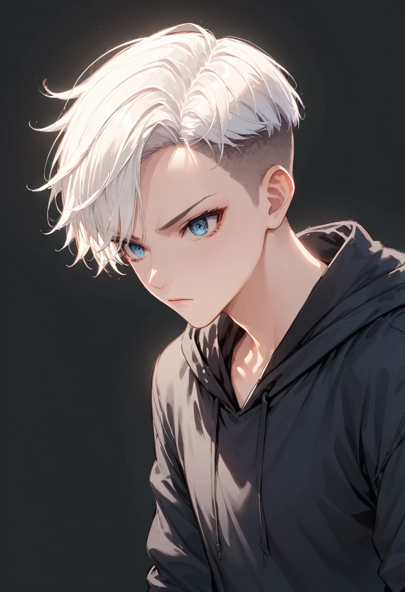 score_9, score_8_up, score_7_up,source_anime, high res image,masterpiece,best quality,anime boy,white hair,undercut hair,blue eyes,black hoodie,simple background,rage,