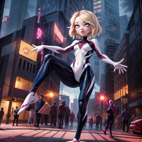 (masterpiece, best quality, hyper detailed),dynamic angle,full body,spider web, gwen stacy, blonde hair, ((blue eyes)), spider-g...