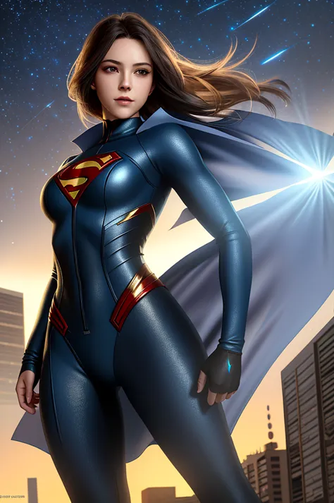 Superman female version.
Young woman dressed in tights, Short bob style hair, blue eyes,
- Entirely white and red fitted suit - ...