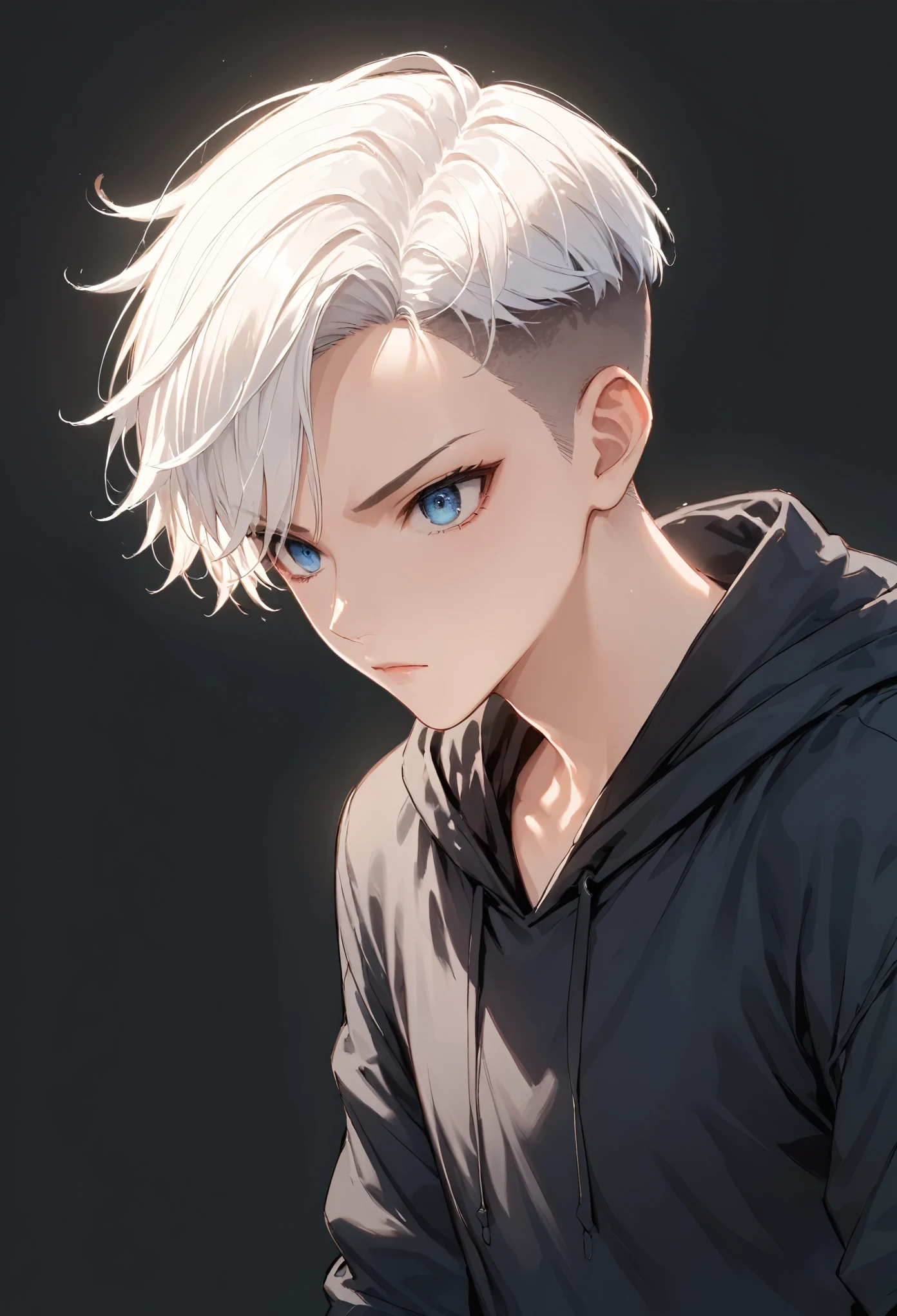 Punktzahl_9, Punktzahl_8_hoch, Punktzahl_7_hoch,Quelle_Anime-Serie, hochauflösendes Bild,Meisterwerk,beste Qualität,Anime-Serie boy,weißes Haar,Undercut-Haare,blaue Augen,schwarzer Kapuzenpullover,Einfacher Hintergrund,rage,