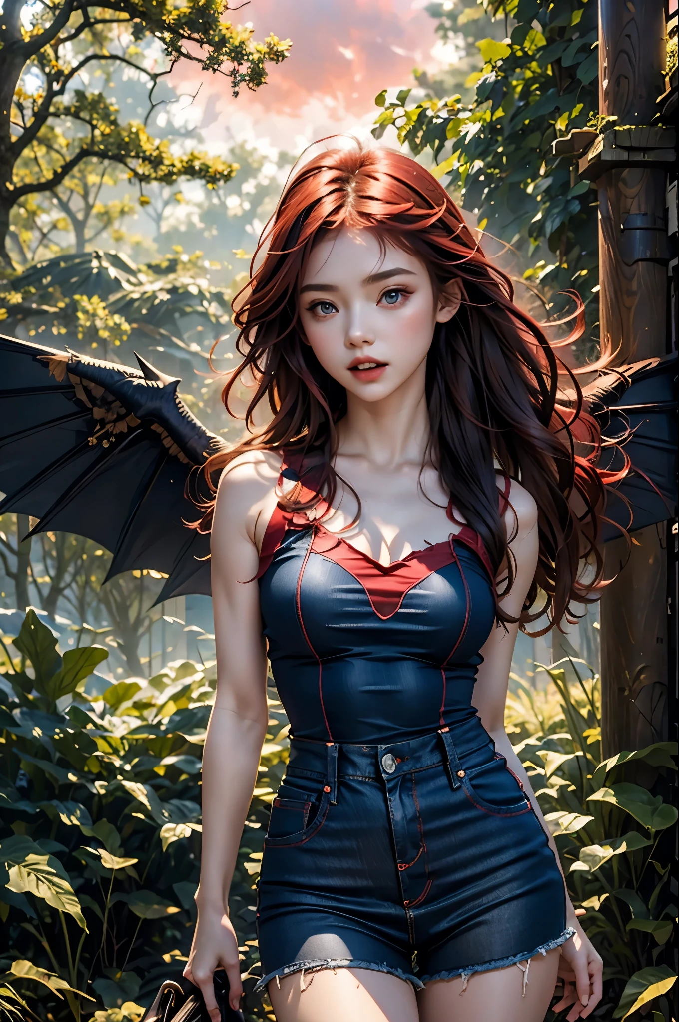 ((masterpiece, best quality, photorealism, RAW quality)), ((detailed, crimson sky)), 21 year old girl, vampire with wings, sharp fangs, arms at her sides, crimson red moon, soft breeze, open mouth , (Short tight dress, blue denim, torn on the leg, black seams visible), ((suspended in the air between the canopy of misty trees)), RAW photo, realistic 3D,