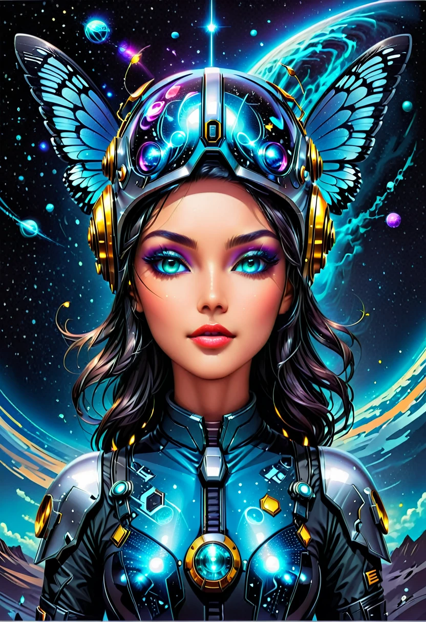 Imagine the print for a street wear style t-shirt, face of a futuristic humanoid with a futuristic steel helmet, the background of the image is black with shiny flashes simulating that it is in outer space, giving a metal effect around it Very realistic butterflies fly, add geometric elements and bright sparkles, style by Yoga Pratama, all this immersed in a vintage style with photoshop halftone effect