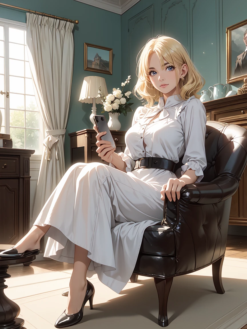 Portrait of a 48-year-old blonde French woman, 1940, period costume, Genuine Leather, Sit down and take a selfie like you would with a smartphone, (Living room with period furniture, Calm, soft light: 1.2)