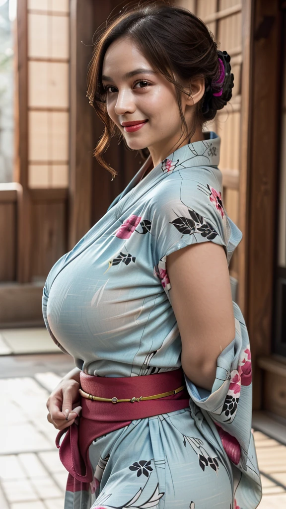 ((20 year old girl)), (Wearing a luxurious yukata, Jewelry: 1.4), ((Inside a Medieval Japanese Palace)), (at night), (((Huge breasts, cleveage))), (Hourglass figure), Lipstick, photoPractical, masterpiece, Practical, realism, photorealism, from front,High contrast, photoPractical, 8k HD high definition detailed Practical, detailed, Texture, hyper detailed, Practical Texture, best quality, (photoPractical:1.4), high resolution, detailed, RAW photos, photo Practical, (high detailed skin:1.2), 8K Ultra HD, Digital SLR Camera, Soft lighting, high quality, Film Grain, Fuji XT3), hyper Practical lifelike texture dramatic lighting unreal engine, even, Neutral Light, Key Light, bold, Vibrant colors, sunlight, (Balanced Saturation), (Dynamic Lighting), (Natural Lighting), ((soft red Lipstick)), (Natural Makeup), ((Ginger Hair)), ((Glowing skin)), (Colored lights), (Gentle smile : 1.7), (Female pose : 1.5), ((Side angle shot : 1.7)), (Looking at the camera : 1.4)，Low-cut，Cleavage