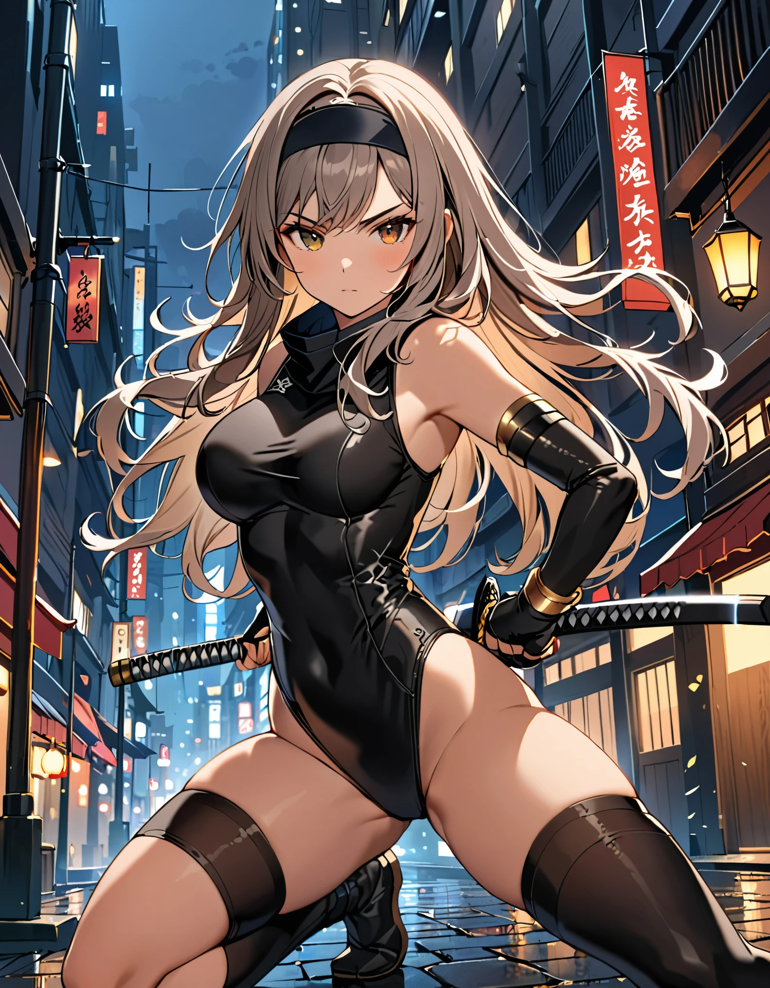 (masterpiece), (best quality), (hires), professional, 1girl, grey hair, shoulder length hair, wavy hair, black hairband, auburn eyes, beautiful detailed eyes, beautiful detailed face, cute face, stoic, professional, ninja, black leotard, black tactical gloves, bare legs, gold bracelets, black thigh-high boots, (using katana blade, sheath), cityscape, night, noir atmosphere.