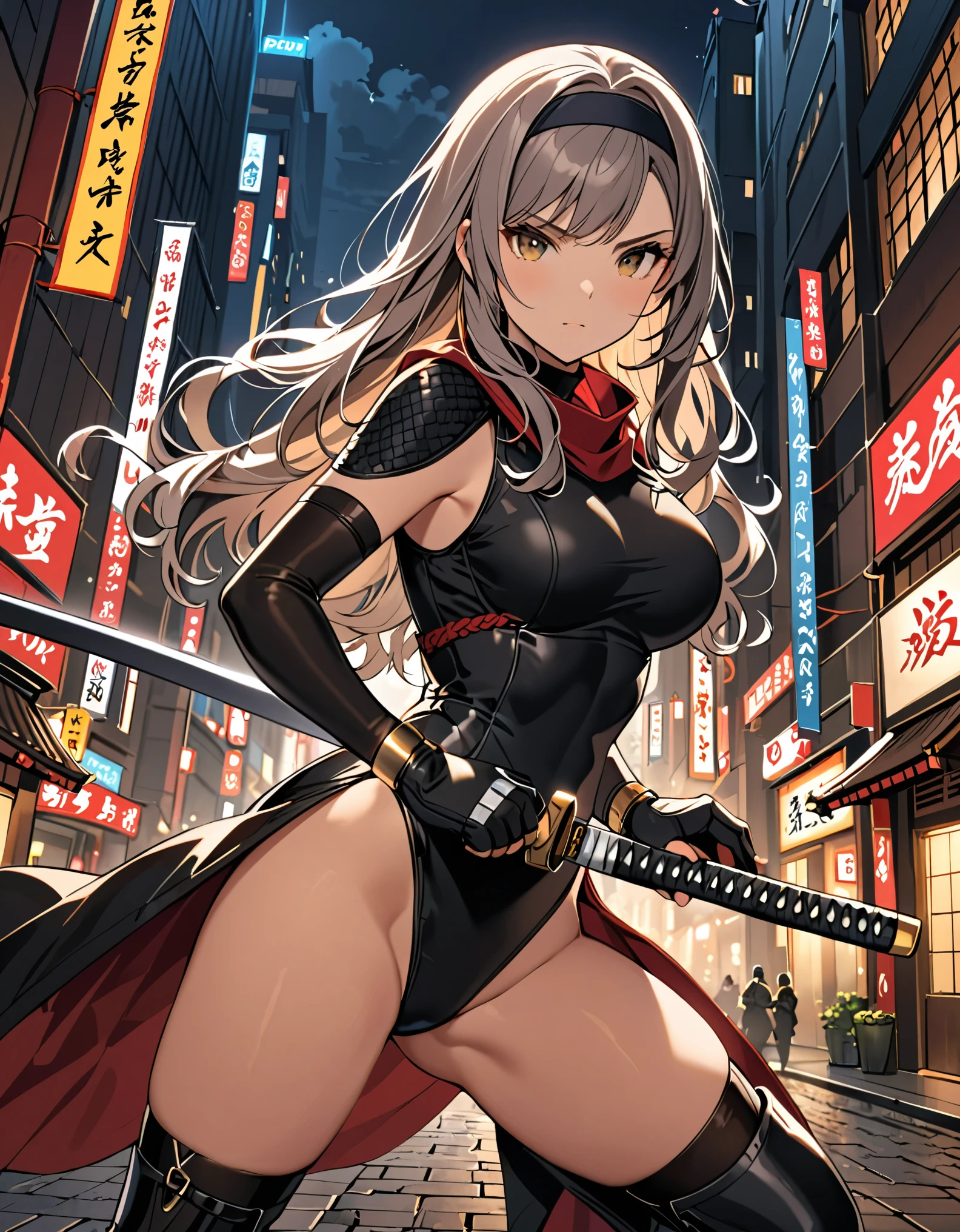 (masterpiece), (best quality), (hires), professional, 1girl, grey hair, shoulder length hair, wavy hair, black hairband, auburn eyes, beautiful detailed eyes, beautiful detailed face, cute face, stoic, professional, ninja, black leotard, black tactical gloves, bare legs, gold bracelets, black thigh-high boots, (using katana blade, sheath), cityscape, night, noir atmosphere.