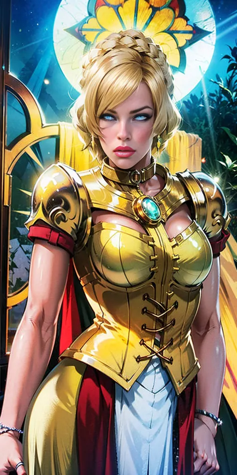 upper body of paladin lady in ornate golden armor, black collar, pauldrons, breastplate, corset, glowing halo, single braid, blo...