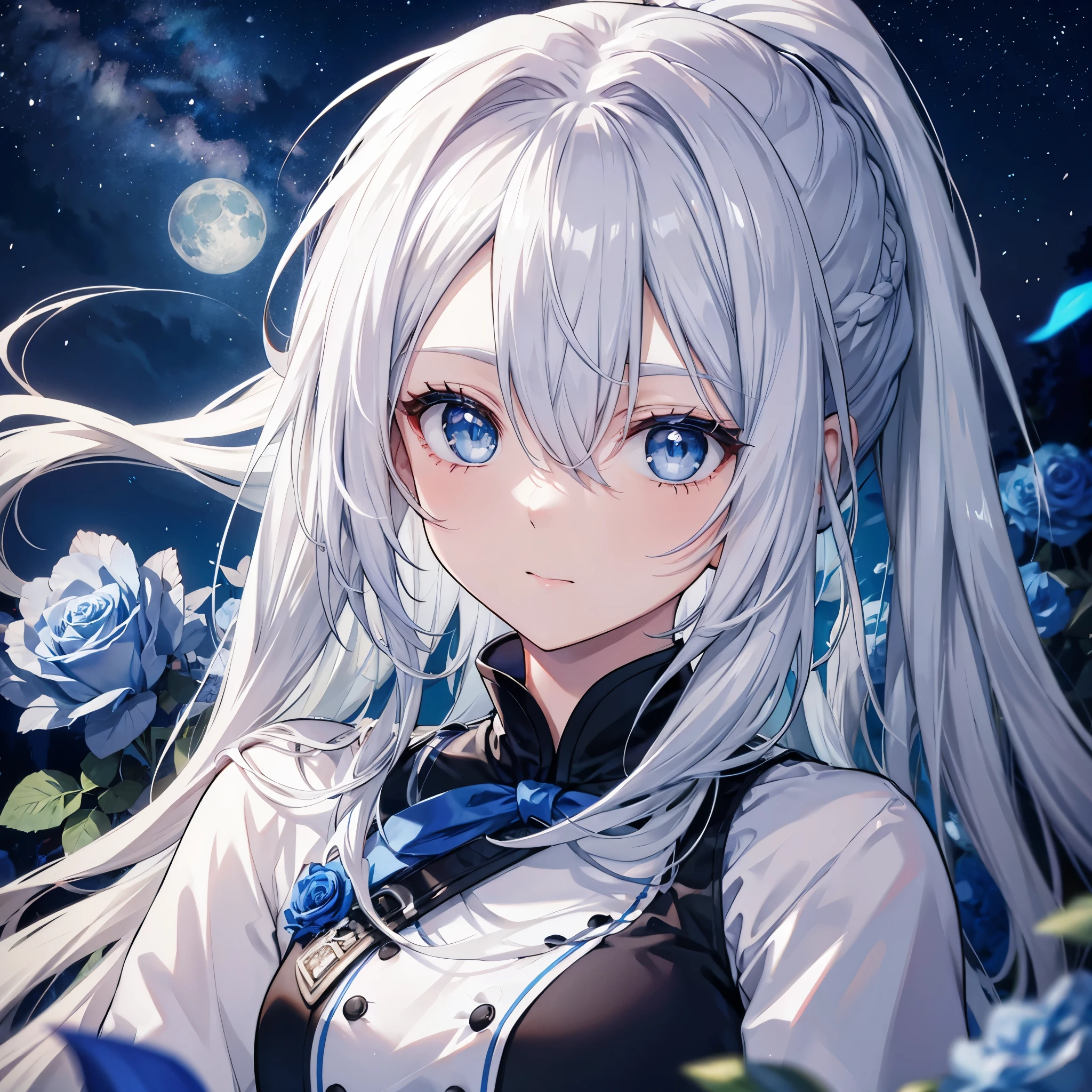 ((((Gray Hair、ponytail、Long Hair　1 person　Blue eyes、Shine　Pure white skin　Smooth skin))))　(((Adult women、slender　Kind Face　With blue roses　Blue and white)))　((Big Moon、night　milky way))　(Shine背景　白くShine縁)