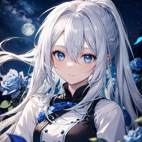 ((((gray hair、ponytail、long hair　1 person　blue eyes、shine　pure white skin　smooth skin))))　(((adult women、slender　kind face　with ...