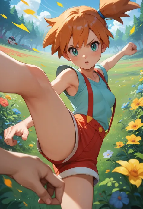 score_9, score_8_up, score_7_up, pks,pokemon, misty, small breasts, ,red suspenders grass, flowers, official art, kicking, kicki...