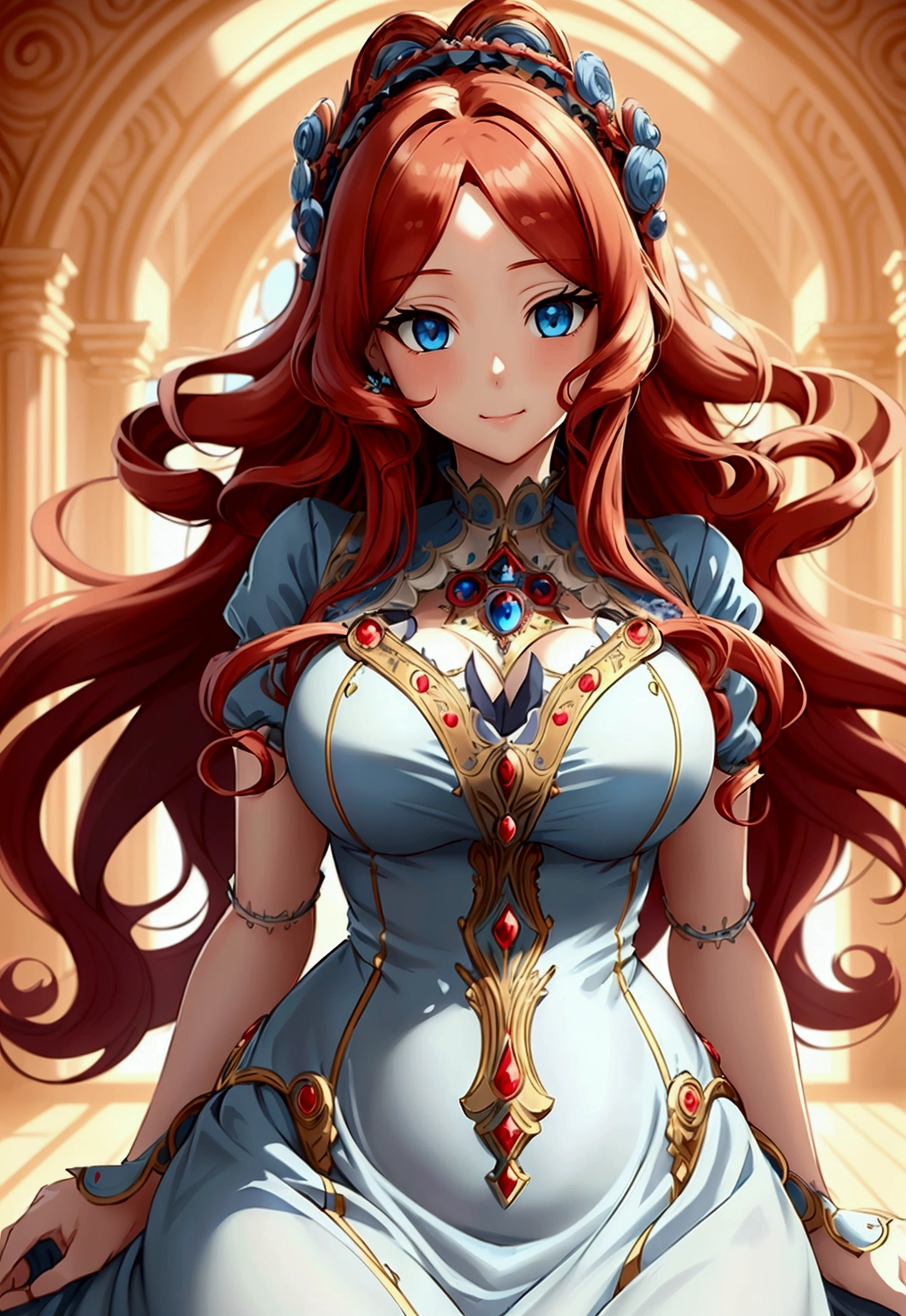 
((best quality))((masterpiece))((detailed))((semi-realistic anime))((detailed eyes)) 1 female character, has curly red hair, has blue eyes, has long hair, wears a long blue dress, she is in a palace, she has a soft smile ((detailed body))((dynamic angle))