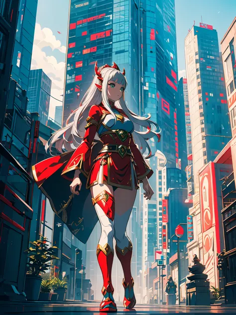 full-body image, standing, princess zelda giant, (red and silver costume:1.5), as ultraman, immensely large breasts1, very tight...