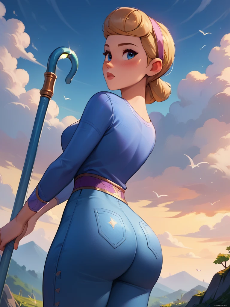 Betty, shorth hair, looking ahead at viewer, Blue simple shirt, dynamic angle, cowboy shot, blue simple pants, epic pose, ssmile, blush, bangss, blue staff, BIG ASS, plein-air, detailed back ground, cinematic, sky, clouds, best qualityer