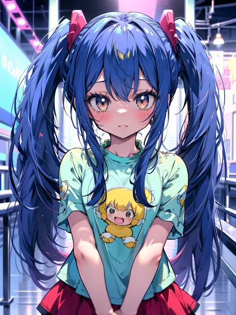 wendy marvell, twin tails, funniest shirt, with vibrant colors, rot, yellow, dark blue hair, unripe, one girl, 4k