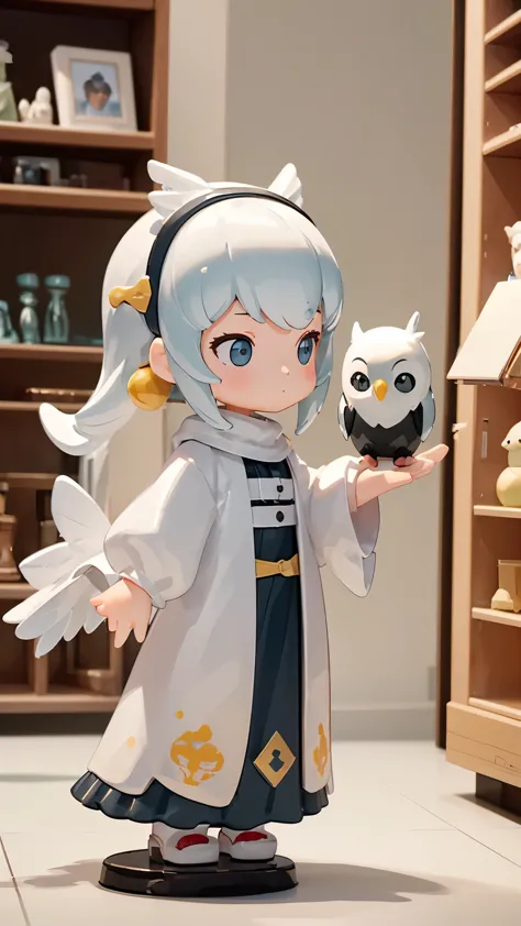 (masterpiece:1.2, Highest quality,High resolution,Super detailed),(Photorealistic Stick),8k,wallpaper,Ultra-fine painting,A figurine of a woman wearing a snowy owl stuffed toy,cute,A charming face,There is no motivation,Isometric 3D diorama,Nature of Hokkaido,(There are many figures of the same woman lined up on the shelves of toy stores.:1.6)