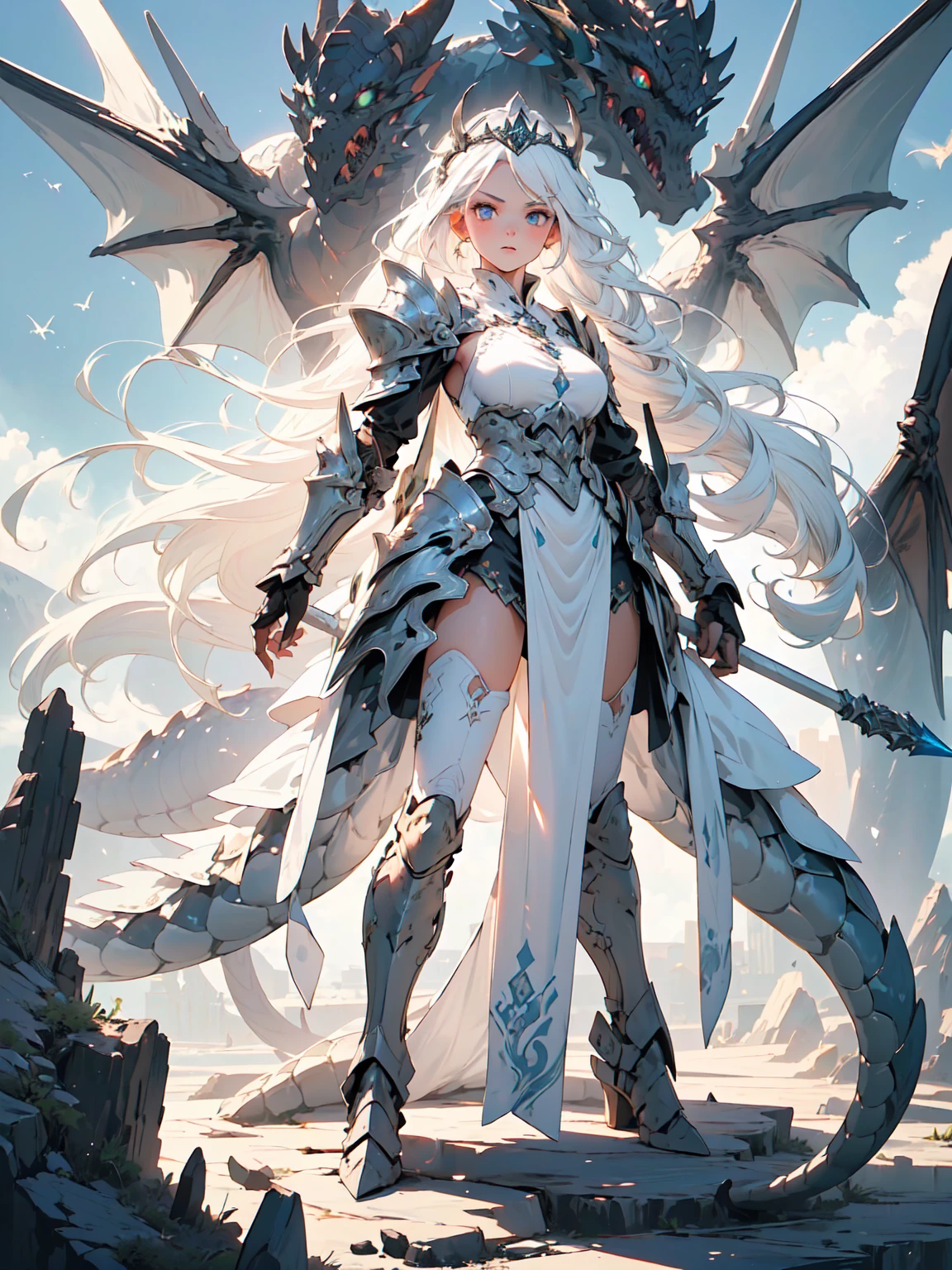 (((masterpiece, best quality, 8k)))Design a layout showcase Fantasy character, (1girl), ((mounted on a dragon)). Beautiful armor, wielding a spear, long white hair, wearing a tiara. ((detailed dragon:1.4)), white dragon, full of intricate details. (masterpiece:1.3), (best quality), 4k, ultra-detailed. (Dynamic pose, heroic stance:1.5), (dramatic lighting, atmospheric lighting). warrior, ((tiara:1.2)), (((long white hair:1.4))), spear, (((full_body_shot:1.5))). In a mystical landscape, high in the sky, with clouds and sunlight.