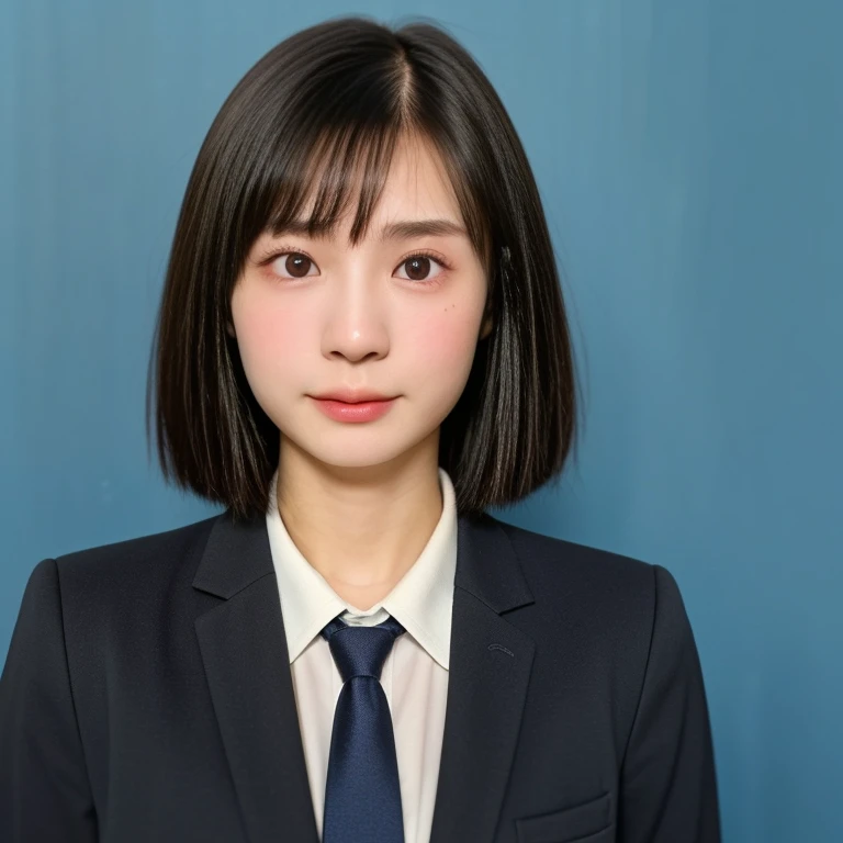 (kawaii 18 year-old Japanese girl, Nogizaka idol, Korean idol, highschool student), healthy female athlete body, (glossy black hair, very short hair, pixie cut, bangs:1.3), (rounded face, beautiful black eyes, single eyelid, no makeup, no expression:1.2), (wearing suit jacket, collared shirt, necktie:1.3), extra small breasts, (looking at viewer:1.2), BREAK, (simple blue background, yearbook background:1.3), (portrait, id photo, bust shot, view from vertically straight forward:1.3), BREAK, (masterpiece, best quality, photo realistic, official art:1.4), (UHD, 8K quality wallpaper, high resolution, raw photo, golden ratio:1.3), (shiny skin), professional lighting, physically based rendering, award winning, (highly detailed skin, extremely detailed face and eyes), Carl Zeiss 85 mm F/1.4, depth of field, 1girl, solo,