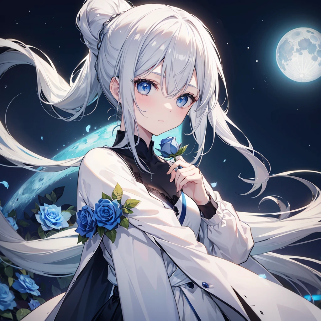 ((((Gray Hair、ponytail、Long Hair　1 person　Blue eyes、Shine　Pure white skin　Smooth skin))))　(((Adult women、slender　Kind Face　With blue roses　Blue and white)))　((Big Moon、night　milky way))　(Shine背景　白くShine縁)