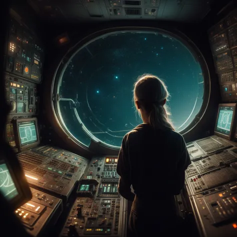 18 year old female crew of the Jupiter 2 looking out of the control room window. Sci fi movie scene. Photo realistic, cinematic.