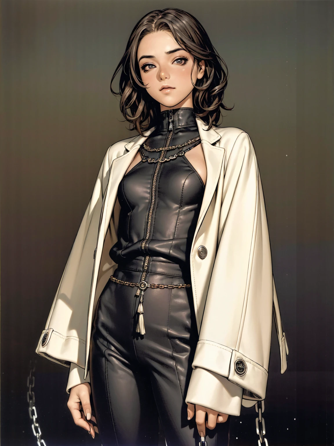 (meilleure qualité))), (((coups de manga))), (((Cheveux légèrement bouclés))), (((pantalon ample à pois noirs))), (((textures et peinture noire coulant sur les vêtements))), (((Rusc GFX_sombre))), uma Fille jovem muito bem vestida com roupas modernas de inverno, pantalon avec des éclaboussures de peinture, top cadeau rayures verticales, short jacket with sombre fur collar, visage beau et expressif, sourire léger, grands yeux avec de longs cils noirs, maquillage épais, chaînes et fermetures éclair réparties sur les vêtements, couleurs contrastées, pose, cheveux avec une coupe moderne et futuriste, art d’affiche de jeu urbain, angles de caméra spectaculaires, éléments d&#39;art graffiti en arrière-plan, design mêlant contemporain et rétro par Shepard Fairey, (((tir de cow-boy))), (((meilleure qualité: 1.4))), (Chef-d&#39;œuvre imbattable), (plus hiper HD),(CG 8k hyper réaliste), Fille, (((debout seul))), gosse violent, ((())), sexuellement, pose, oeuvre d&#39;art, post-apocalypse, (((Style manga))), chasseur de primes, violent, maniaque, la façon que tu veux, corps mince, mince mais fort, corps parfait, vêtements modernes, technologie avancée, néon, manches avec motif à rayures verticales, fond neutre, (( tir de cow-boy )). visuel complexe