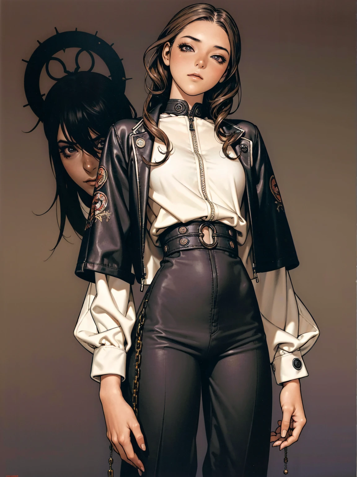 (mejor calidad))), (((trazos de manga))), (((pelo rizado claro))), (((pantalones holgados con manchas negras))), (((Texturas y pintura negra corriendo por la ropa.))), (((Ruso GFX_dark))), uma Hija jovem muito bem vestida com roupas modernas de inverno, pantalones con salpicaduras de pintura, top regalo rayas verticales, chaqueta corta con cuello de piel oscura, cara hermosa y expresiva, sonríe ligeramente, ojos grandes con largas pestañas negras, maquillaje pesado, cadenas y cremalleras repartidas por la ropa, colores contrastantes, pose de actitud, Cabello con un corte moderno y futurista., arte del cartel del juego urbano, Ángulos de cámara dramáticos, elementos de arte graffiti en el fondo, diseño que mezcla lo contemporáneo y lo retro por Shepard Fairey, (((tiro de vaquero))), (((mejor calidad: 1.4))), (Obra maestra inmejorable), (hiper HD),(CG 8K hiperrealista), Hija, (((Estando solo))), mocoso violento, ((())), sexualmente, pose de actitud, obra de arte, despues del Apocalipsis, (((estilo manga))), cazarrecompensas, violent, maníaco, la forma que tu quieras, cuerpo delgado, delgado pero fuerte, cuerpo perfecto, ropa moderna, tecnología avanzada, neón, mangas con patrón de rayas verticales, fondo neutro, (( tiro de vaquero )). visual intrincado