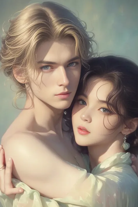 high-quality images of couples: blond man (tall、statue-like、handsome and、brave young man、blue eyes、curly golden hair、wearing a g...