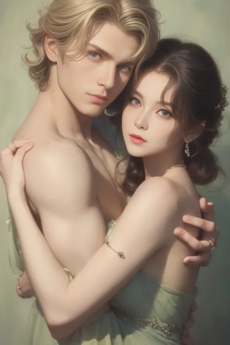 High-quality images of couples: blond man (Tall、Statue-like、Handsome and、Brave young man、Blue eyes、Curly golden hair、Wearing a g...