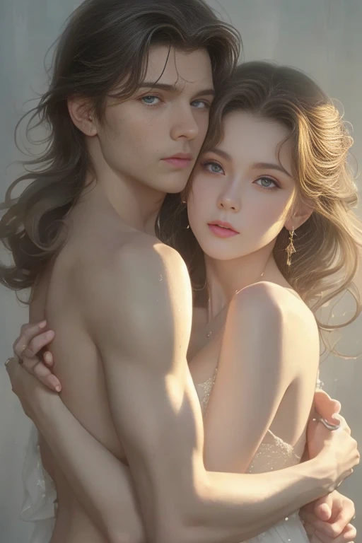 High-quality images of couples: blond man (Tall、Statue-like、Handsome and、Brave young man、Blue eyes、Curly golden hair、Wearing a grey antique military uniform) A woman with black hair (long straight black hair、Long Bangs、Blackberry eyes、A beautiful young femme fatale、naked、PRİNCESS、Hugging。They are in love with each other。Created by Boris Vallejo「Ideal Anatomy」The sketch of、It is characterized by being very detailed.。masterpiece、Detailed study of the face、Beautiful Face、Features of Beautiful Face、Perfect Image、Realistic shots、Detailed study of the face、Full body image、8k、Detailed Images、Highly detailed illustration、A true masterpiece of the highest quality、Careful drawing。Bare Skin、Gown and naked watercolor、

黒のパンティ、