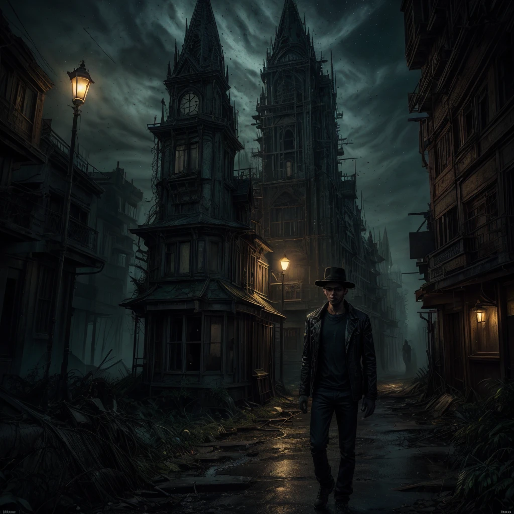 (best quality,4k,8k,highres,masterpiece:1.2),ultra-detailed,(realistic,photorealistic,photo-realistic:1.37),dark fantasy,street scene,unfamiliar environment,detailed buildings,ominous atmosphere,mysterious creatures,horrifying presence,unsettling,shadowy figures,intense darkness, ((a young man)),short black hair,green eyes, arrogant face,mad hatter hat, black t shirt, green jacket, jeans, situation,distressed expression,starry sky,dimly lit street lamps,dark colors,overgrown plants,quirky architecture,strange symbols,haunting shadows,abandoned feel,loneliness,magic in the air,creepy atmosphere,enchanted surroundings,gothic elements,otherworldly aura,dramatic composition,contrasting light and shadow,foreboding,uncertainty, bright weather, sunny day, brigth ambiences,
