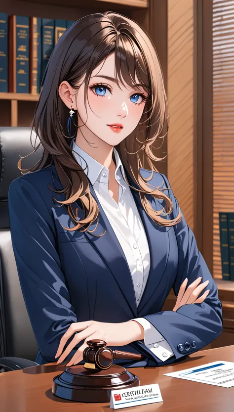 girl，exquisite facial features，exquisite eyes，business attire，certified lawyer，debate，name card