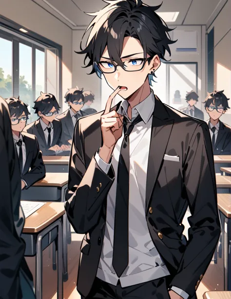 teenage boy, long black hair, blue eyes wearing glasses, wears a white collared shirt with a black tie and a black jacket over i...