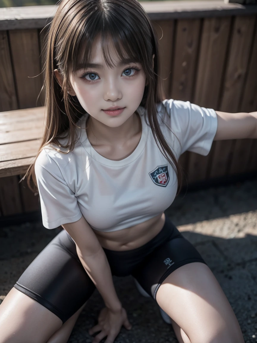 8k、High resolution、masterpiece、Realistic、In detail、Fine texture、Head-to-toe portrait、High Contrast、alone、high school girl、Natural body shape、White skin、Natural Makeup、Blonde、bangs、ponytail、、((School-designated gym clothes))((The upper body is a long-hemmed white gym uniform.、Short sleeve、Black knee-length leggings))、Spread your legs座る、、(((I tucked the bottom of my gym clothes into my leggings..、Hiding her belly button with gym clothes)))、Raise your knees、Bend your legs、Big Breasts、、((The upper body is wearing gym clothes))、((School classroom))、Looking into the camera、、whole body写真、Focus on the groin、Exposing thighs、White socks、Keep your buttocks on the floor、8k,(masterpiece:1.4)(Highest quality:1.4),(Highest quality), 1 person,  Focus Only,(Shiny skin), whole body,  Squat, ((Open your thighs wide to the left and right)), ((観客にあなたのShow me your crotchください)), ((Place your arms behind your head)), Soft lighting,  masterpiece, (masterpiece, Highest quality;1.3), Very detailedなCG, Very detailed, girl1 person, alone, smile, Looking at the audience, Stylish angle, , sv1, From above, Face Focus,, , 地面にSquat, Open your legs wide from side to side, Place your arms behind your head, Underarm, Gazing at the audience, To the audience, Spread your legs wide open and face the viewer., Shooting from the front, Camera position is low,Small Head、Blowjob Gestures, Midnight、Dim lighting、Highest quality, High resolution, unity 8k wallpaper, (shape:0.8), (Beautiful details:1.6), 非常にDetailed face, Perfect Sentence, Very detailedなCG, (Perfect hands, Perfect Anatomy),((Spread your legs:1.3))(((((The lower body is black spats))))),Angle looking up from afar.、Camel Toe,(Detailed Hair), (masterpiece), (Highest quality), (Very detailed), Focus your eyes, Detailed face, Perfect Anatomy, , (Intricate details),girl, (((Spread your legs座る))),whole body,Fine hand,Detailed five fingers,Attention to detail in costumes, Please sit down,On the gymnastics mat,(((Two-handed fellatio gesture))),　(((Camel toe with attention to detail))),(((smile)))、Show me your crotch、Normal size breasts、Sit on the bed、Nipple erection,whole body写真、Focus on the groin、Exposing thighs、((Raise your kneesて足を広げます))、barefoot、locker room